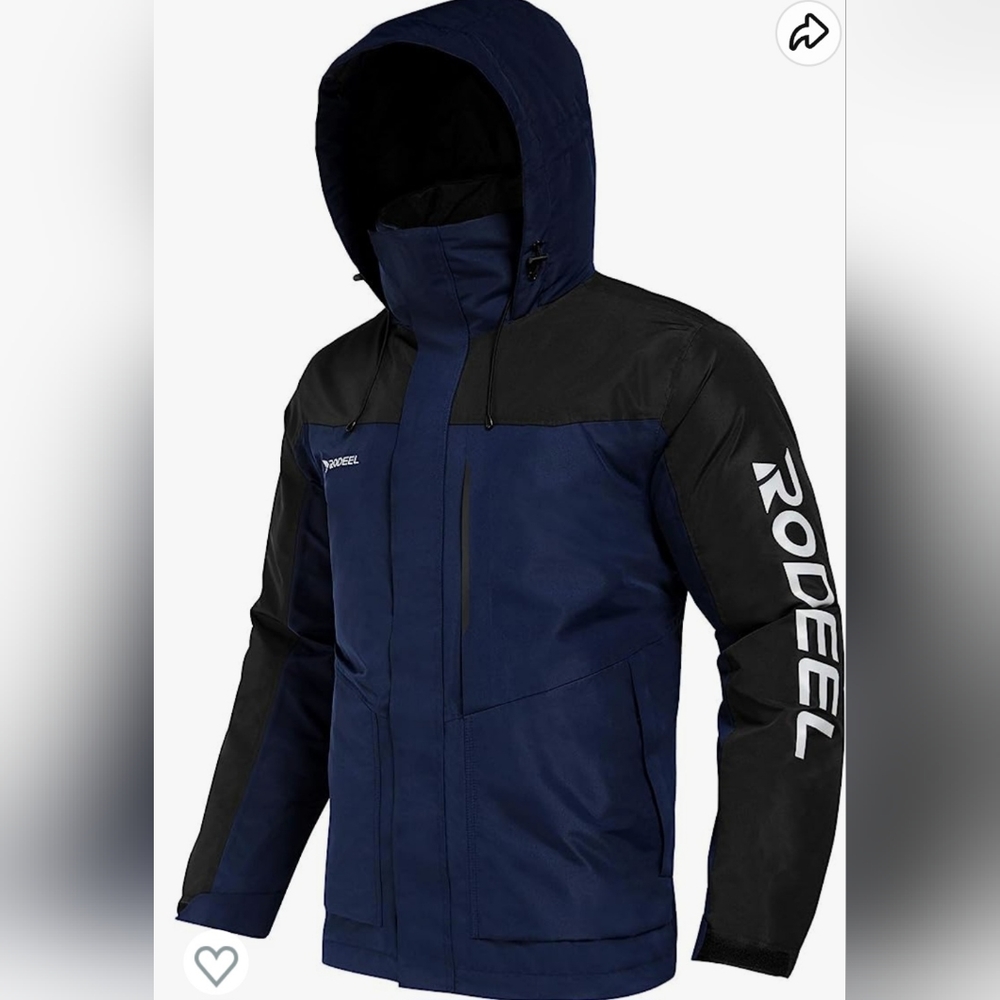 Rodeel Mens Windproof Waterproof Outdoor Reflective Logo Jacket W/ Foldaway Hood